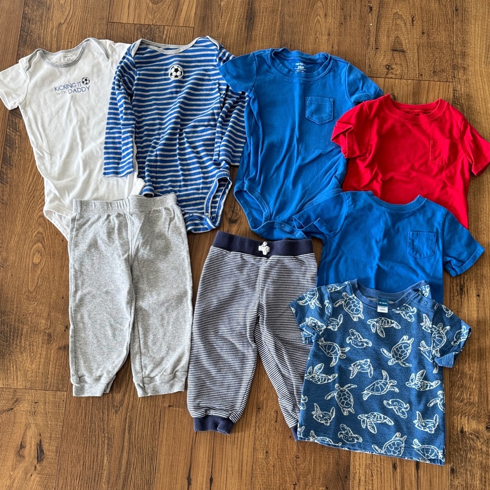 Bundle of toddler boys 24 months bodysuits, shirts, pants from Carters, etc.